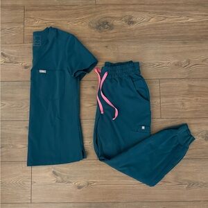 Figs Teal Scrub Set with Pink Drawstrings